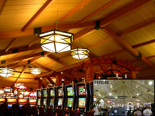 AFTER Lodge Style Casino Decor | Suspended Wood Beam Ceiling | Mica Chandelier | Sage Room | Soboba Casino