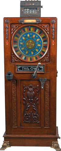 598 5 Cent Mills Owl Upright Single Wheel Slot Machine, Ornate Wood Floor Console & Brass Claw Feet, Includes Original Wood Shipping Crate In As Found Condition, c1897, Plays, w/key