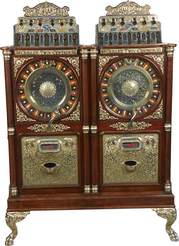 614.01 25 Cent - 50 Cent Caille Twin Centaur Double Slot Machine, Older Restoration c1907, w/Nickel Trim & New Top Signs Jackpot Fill Rods Are Not Attached But In Cash Box, Keys Needed For Jackpot Fill Locks, Condition Excellent, w/Keys